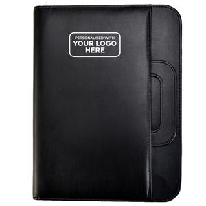 May include: Black leather folder with a zipper closure and a handle. The folder has a white rectangular label that says "Personalized with Your Logo Here".