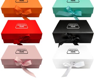 Personalised Custom Logo Large Gift Box with Lid, Ribbon, and Magnetic Closure (26x18.5x8.3CM) Present Box for All Occasions