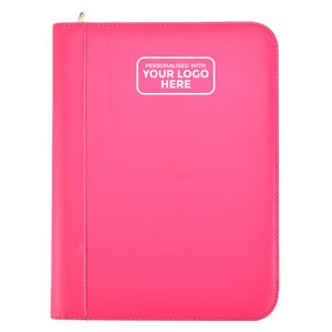 May include: A vibrant pink zipped binder featuring the text "PERSONALISED WITH YOUR LOGO HERE" in a white rectangle. The binder is closed and has a gold-coloured zipper pull.