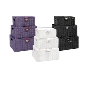 May include: Three sets of stackable storage baskets in purple, white and black. Each set has three baskets of different sizes.