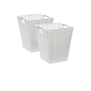 May include: Two white woven storage baskets with rectangular shapes and grey metal handles. The baskets have a textured surface and are designed for organizing items. The baskets are empty and ready to be filled.