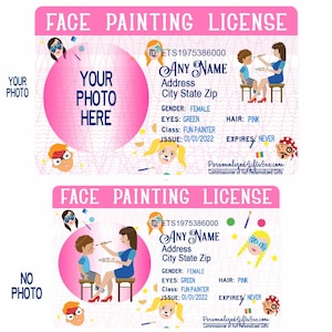 Face Painting License, Personalized  Pretend Play Funny Joke ID gives permission to be a paint on faces