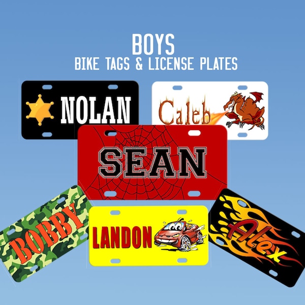 Custom Bicycle License Plates for Boys, Personalized with any name. 6 sizes of Boy's theme bike name tags for bicycle, atv, ride on cars