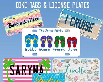 Beach Theme Bike Plates, License Plates, and Buggy Plates. Personalized Bike Tags with a beachy theme and your name