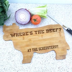 Personalized Cow Shaped Cutting Board Engraved for Steak Lovers with any name or custom text. Meat Eaters Functional Kitchen Decor.
