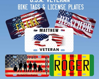 United States Veteran License Plates and Bike Name Tags 6 sizes of Aluminum USA License Plates with Any Name and Service Branch