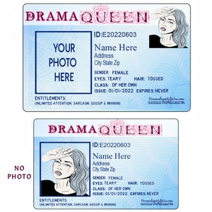Personalized Drama Queen License, Pretend Play Funny Joke ID gives permission to be a drama queen