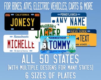 Custom State Bike Plates Personalized Novelty Bicycle Name Tag 6 sizes.All 50 States plus alternate state designs too.