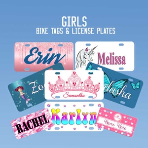 Custom Bicycle License Plates for Girls, Personalized with any name. 6 sizes of girl's theme bike name tags for bicycle, atv, ride on cars