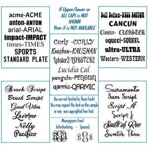 Może przedstawiać: Grafika z listą czcionek, w tym "acme", "anton", "arial", "impact", "times", "sports", "standard plate", "bell bottom", "cancun", "cloister", "squeel", "ultra", "western", "brock script", "brush script", "good vibes", "laverne", "nelly", "pacifico", "sacramento", "sam script", "script a", "script b", "south of roe", "sweeter than", "curly", "kaushan", "lobster2", "lucida cal", "penguin" i "qarmic". Grafika zawiera r&oacute;wnież sekcję o czcionkach do monogram&oacute;w, z przykładami styl&oacute;w splecionych i rozstawionych.