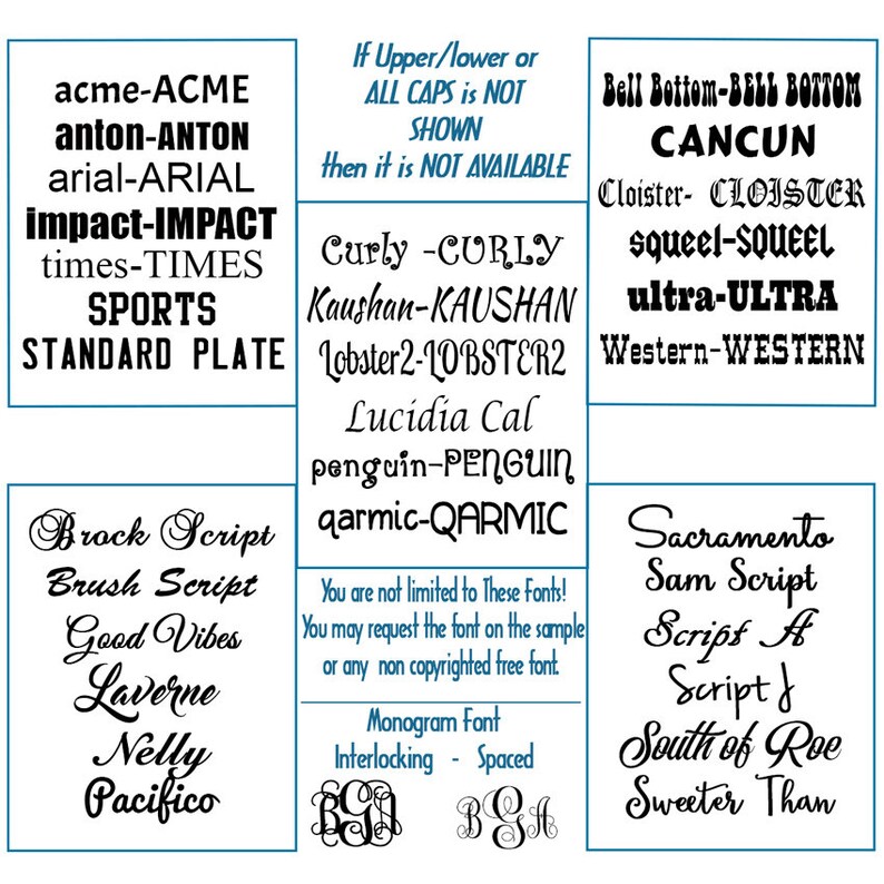 Może przedstawiać: Grafika z listą czcionek, w tym "acme", "anton", "arial", "impact", "times", "sports", "standard plate", "bell bottom", "cancun", "cloister", "squeel", "ultra", "western", "brock script", "brush script", "good vibes", "laverne", "nelly", "pacifico", "sacramento", "sam script", "script a", "script b", "south of roe", "sweeter than", "curly", "kaushan", "lobster2", "lucida cal", "penguin" i "qarmic". Grafika zawiera r&oacute;wnież sekcję o czcionkach do monogram&oacute;w, z przykładami styl&oacute;w splecionych i rozstawionych.