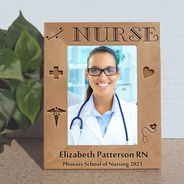 Nurse Picture Frame Gift. Wood Engraved Nurse Photo Frame Personalized for RN /any  certification. Choice of 3 sizes, tall or wide.