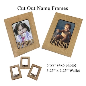 May include: Wooden picture frames with cut-out names. The frames are 5 inches by 7 inches and 3.25 inches by 2.25 inches. The names Brianna, Zachary, Alison, and Caleb are cut out of the wood.