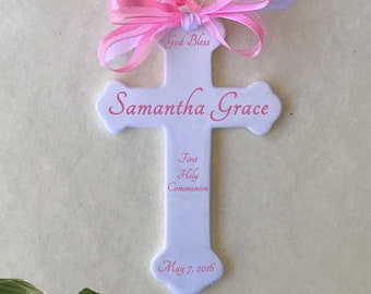 Personalized Ceramic Cross Customize this Christian Cross with any Name, Date and Message for Baptism, Communion, confirmation and more