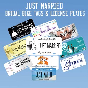 May include: A collection of ten personalized license plates with various designs and text, including "Just Married", "#TheBride", "Always & Forever", and "Groom".