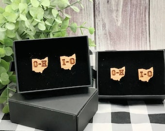 Ohio State Outline Cufflinks, Laser Engraved, O-H I-O, Groomsmen Gifts, FOB gifts, Ohio Cuff links, Wood, Anniversary gift, Men's jewelry