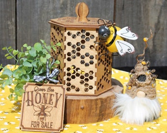 Honeycomb wood canister, octagon box, lantern, bee canister Farmhouse, honey comb bee box with lid, Mother's Day Gift, thinking of you