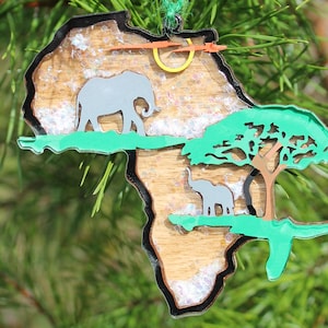 Snow globe Africa Ornament, Continent,  Large Wood, Elephant Snowglobe, Travel, Christmas, Layered wood acrylic, USA, Xmas, hand painted