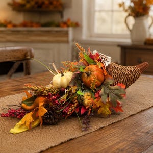 May include: A woven cornucopia basket filled with artificial autumn decor, including a small white pumpkin, an orange pumpkin, brown pinecones, red berries, and various fall-colored leaves in shades of yellow, orange, and deep red.