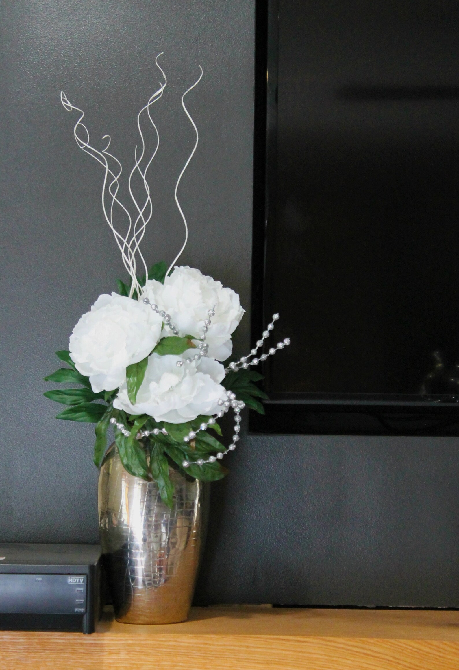 Modern white and black floral arrangement Silver vase Etsy