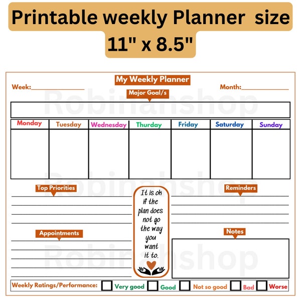 My Weekly Planner Men Women Unisex Weekly Life Organizer Instant Download Planner Printable Affordable Convenient Size 11" x 8.5" Life Hack