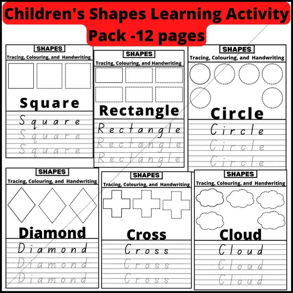 Printable Children's Learning Activity Pack 12 Shapes Colouring Tracing Handwriting Fun 3+ Girls Boys Digital Download A4 size 8.5x11" Book
