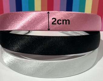 Satin Alice Headband: Fabric Covered Hair Loop - Black, Pink, Silver.