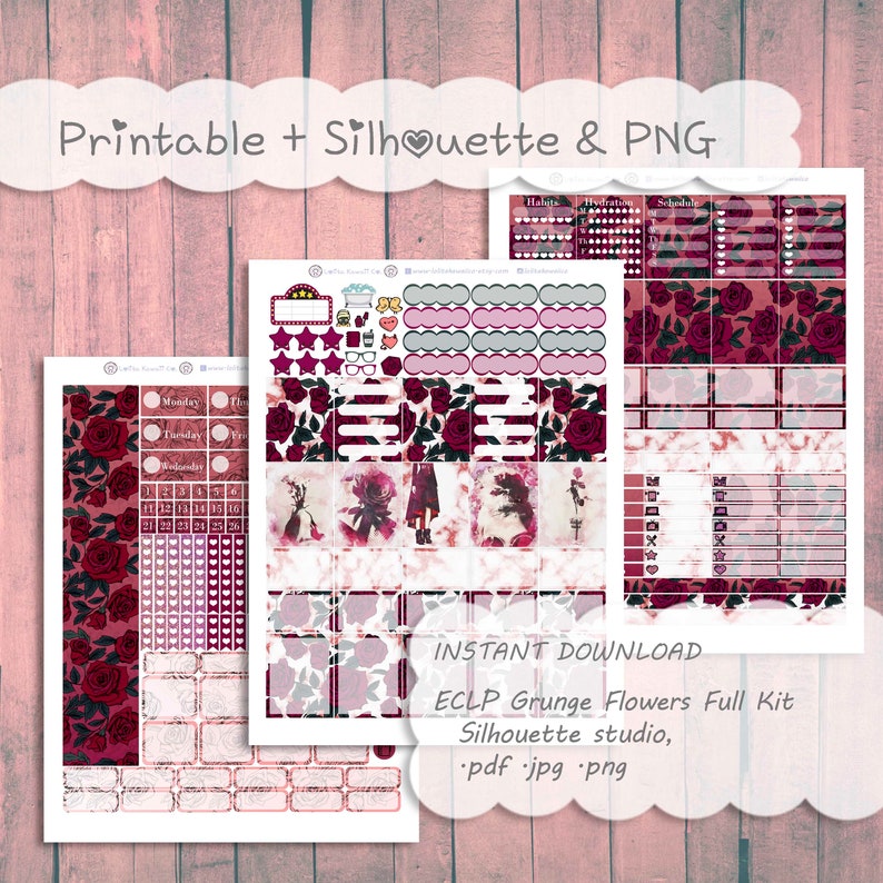 ECLP Full Kit: Grunge Flower Printable Planner Stickers - Etsy