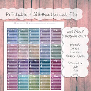 May include: Printable weekly steps tracker with a starry space design. The tracker has five rows for each day of the week, with a total row at the bottom. The design is in shades of blue, purple, pink, and green. The text "Steps" is at the top of each tracker. The text "INSTANT DOWNLOAD" is in the top right corner. The text "Weekly Steps Tracker Starry Space" is in the right side of the image. The text "Silhouette .pdf .jpg .png" is in the bottom right corner.