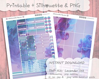 May include: Printable planner sticker kit featuring a lavender ink design with a blue and purple watercolour effect. The kit includes a weekly planner, daily planner, and a variety of other stickers. The kit is available for instant download.