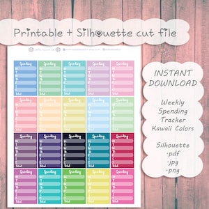 Puede incluir: Un rastreador de gastos semanal imprimible con 25 cuadrados coloridos. Cada cuadrado tiene el encabezado "Gastos" y espacio para escribir los días de la semana, de lunes a domingo, y un total en la parte inferior. El rastreador está diseñado para usarse con una máquina de corte Silhouette.