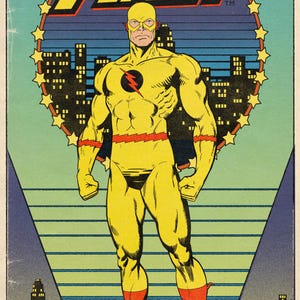 May include: A vintage-style print featuring the Reverse Flash superhero. The character is depicted in a yellow suit with red accents, standing in front of a cityscape. The words "REVERSE FLASH" are at the top, surrounded by stars.