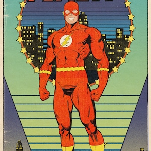 Puede incluir: Impresión artística de cómic con The Flash en un traje rojo y amarillo, de pie frente a un paisaje urbano. El título "The Flash" está en letras naranjas. La obra es de Dakota Alexander Art.