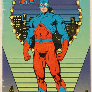 May include: Comic book style illustration of a superhero named ATOM. The character is in a blue and orange costume, with a mask and belt. The background features a cityscape and the text "ATOM" in large letters.