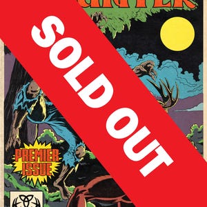 May include: Vintage comic book cover featuring a monster scene with the title "The Hunter." The cover has a red "SOLD OUT" banner. The comic book has the text "Premier Issue" and "Panic in Central Park."