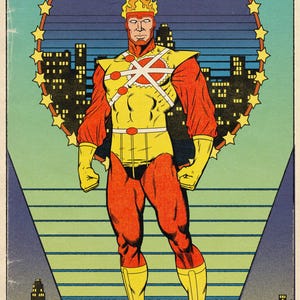 May include: Comic book illustration of Firestorm, the Nuclear Man, in a yellow and red superhero costume. The image features a cityscape background, a star-studded circle, and the artist's signature.