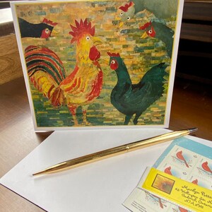Carte de voeux coq et poules, vierge, oeuvre d'art, papier déchiré, colorée, lumineuse, élevage, poulet