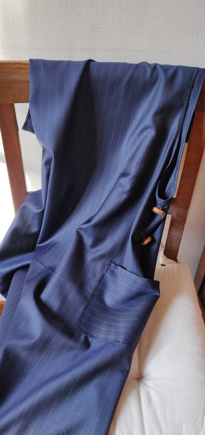 Blue shirtless dress apron with square neckline closed apron in stripes fresh Italian wool fabric house dress and garden