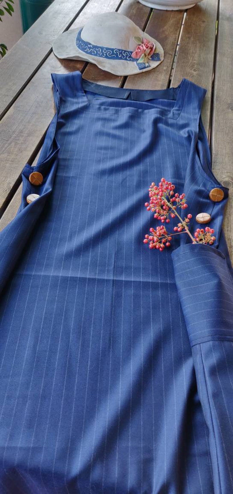 Blue shirtless dress apron with square neckline closed apron in stripes fresh Italian wool fabric house dress and garden
