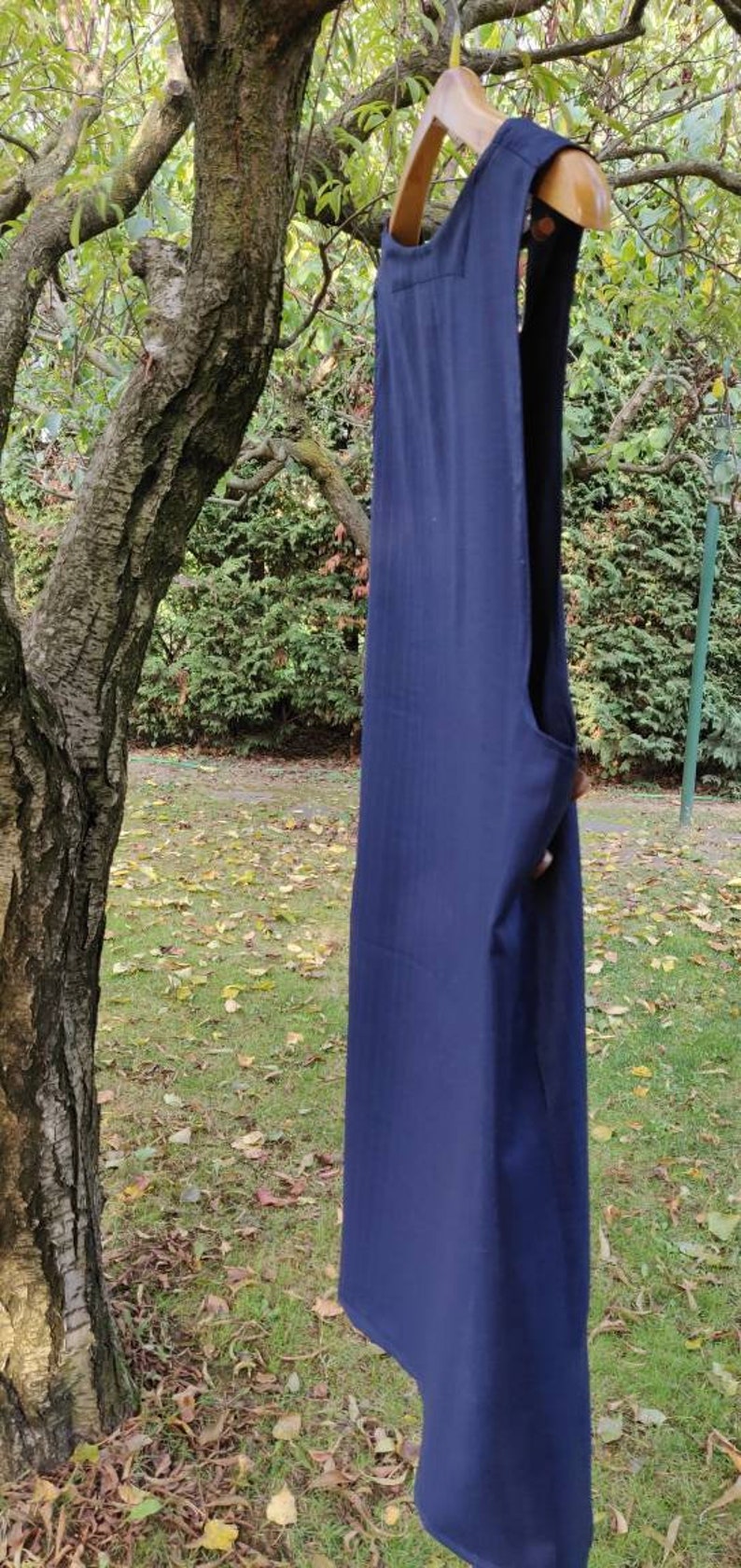 Blue shirtless dress apron with square neckline closed apron in stripes fresh Italian wool fabric house dress and garden