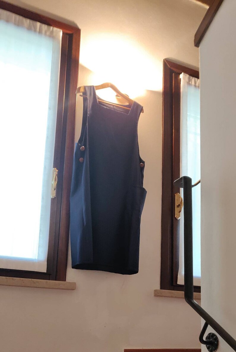 Blue shirtless dress apron with square neckline closed apron in stripes fresh Italian wool fabric house dress and garden