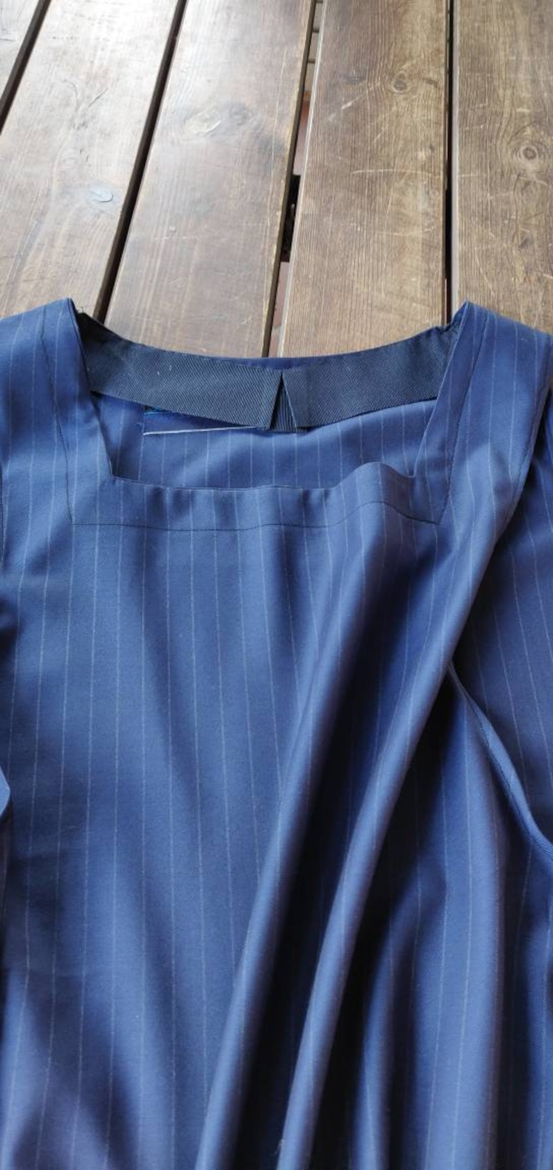 Blue shirtless dress apron with square neckline closed apron in stripes fresh Italian wool fabric house dress and garden