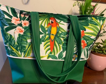 Sac cabas coton imprimé oiseaux tropicaux et fleurs - Simili cuir vert