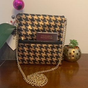 Petit sac bandoulière pied-de-poule noir et cuivre – Simili cuir – Sac élégant fait main femme