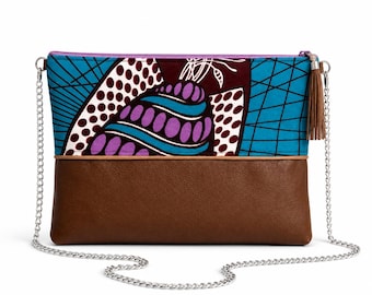 Petit sac bandoulière wax turquoise violet marron – Simili cuir marron – Accessoire coloré fait main