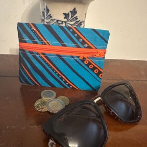 Petit porte-monnaie wax orange vif et bleu turquoise – Porte-cartes tissu africain – Accessoire coloré – Fait main – Cadeau femme original