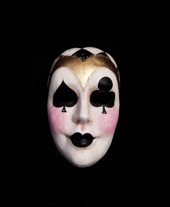 Pierrot Mask Black Cards Clubs and Spades - Venetian Paper Mache