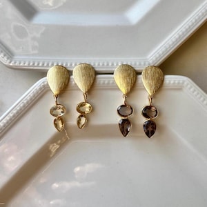 Boucles d’oreilles Citrine & Quartz Fumé – Argent plaqué or