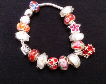 Orange, Red, & White Murano Glass Bead  Silver 7.5" Charm Bracelet 