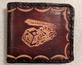 Genuine Leather, Tooled Childs Wallet With Fire Truck Stamp. Personalized Wallet, Billfold, Kids Wallet, Fire Truck Wallet, Billfold